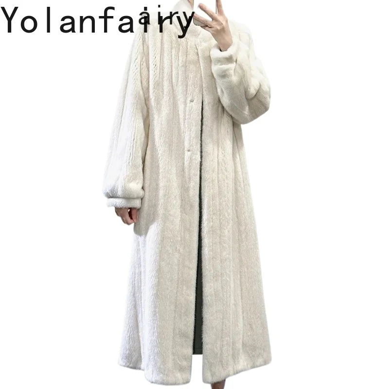 Yolanfairy Abrigos de Piel 100% Natural para Mujer, Chaqueta Larga de Piel de Visón Real de 110 cm, Visón de Terciopelo de Primera Calidad, Cuello Alto, Invierno