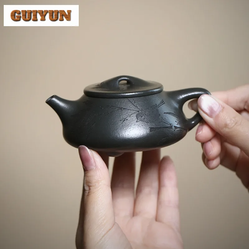

150ml Exquisite Yixing Purple Clay Teapots Handmade Stone Scoop Pot Raw Ore Blackish Green Mud Kettle Chinese Zisha Tea Set Gift