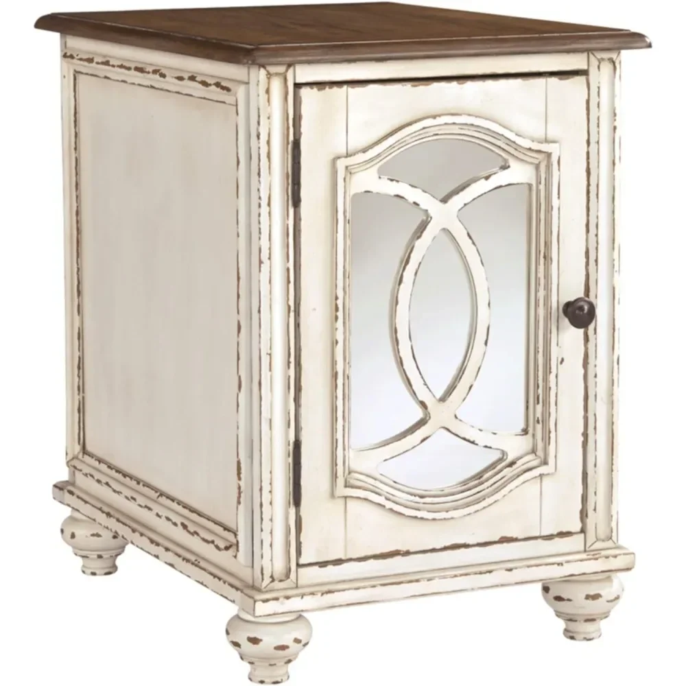 by Ashley Realyn Farmhouse Chair Side End Table with Cabinet For Storage, Antique White & Brown