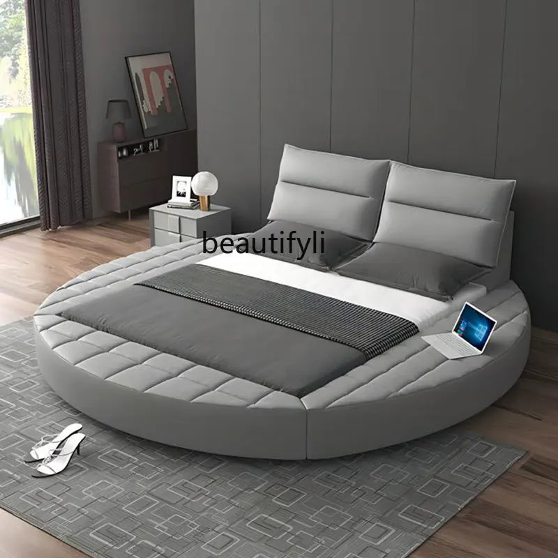 Modern Simple Large round Bed Master Bedroom Marriage Bed Hotel Homestay Disposable Faux Leather Tatami Double Bed