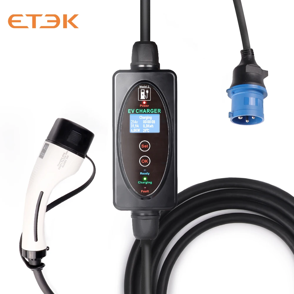 ETEC Protable Charger 1PH 16A/32A 3.7KW With Type 2 Plug & 4 Meters Charging Cable+CEE power Plug&1Meter power Cable