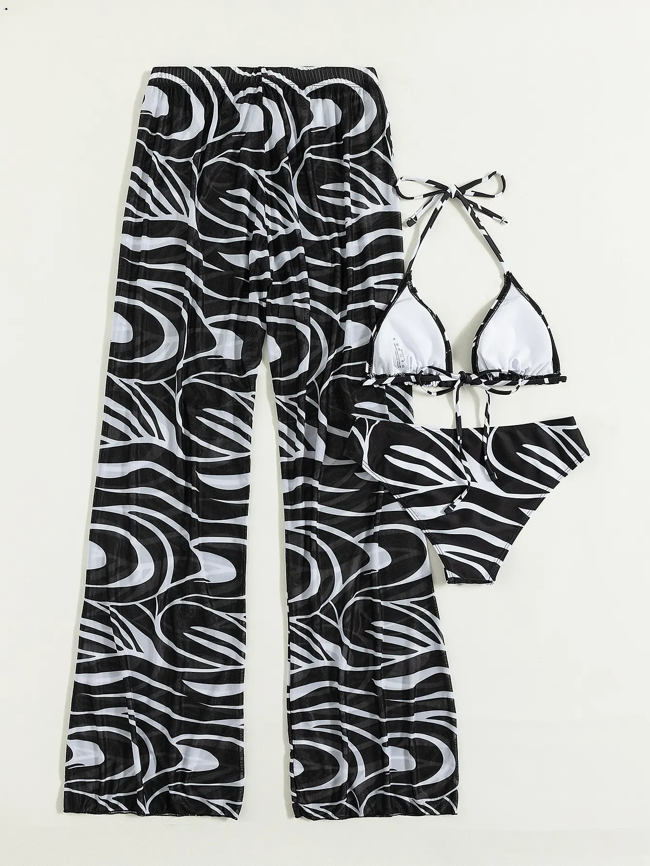 Three Piece Bikini Sets Swimsuit Women Beach Style Swimwear 2023 New Black and White Striped Trousers Bathing Suit