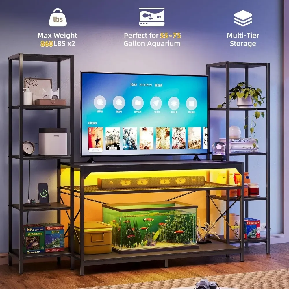 

Farmhouse TV Stand for 50-60 Inch TVs - Wooden Media Console with Power Outlet, LED Lights & Storage Shelves (860lbs Capacity)