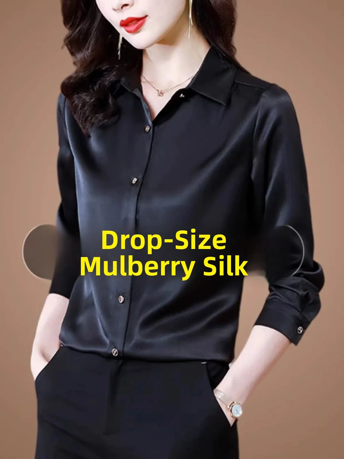 

Heavyweight Bla Silk Women's irt Acetate Satin Base Layer Top Faionable Ele Loose Fit Long Sve Pure Color