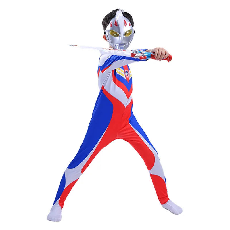 어린이 슈퍼 히어로 코스프레 의상 파티 할로윈 코스프레 드레스 Botysuit를위한 Tiga Hero 점프 슈트