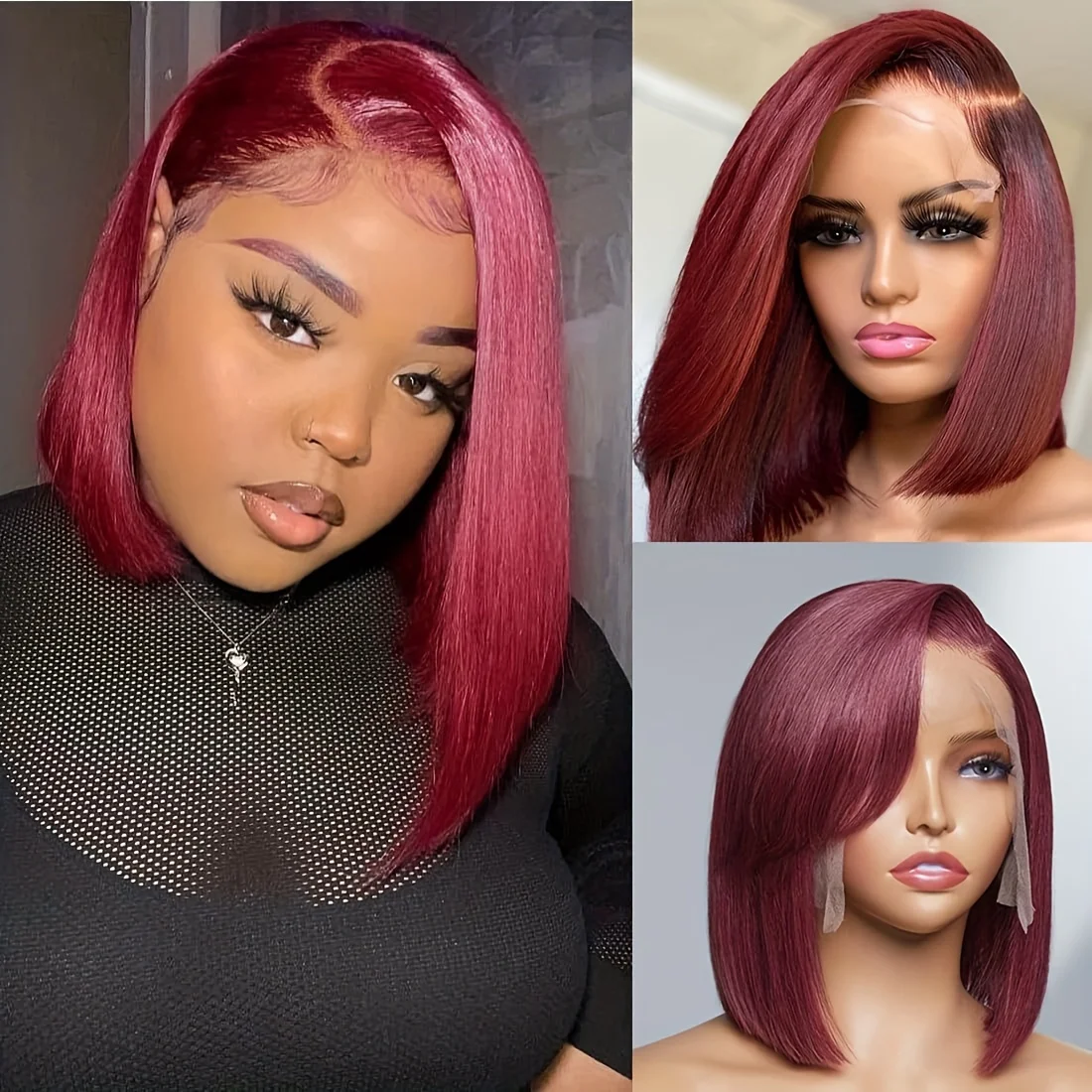 Perruque Bob Lace Front Wig Naturelle Lisse Bordeaux, Cheveux Courts, Vin Rouge, 99J, 13x4, avec Baby Hair, Densité 150%