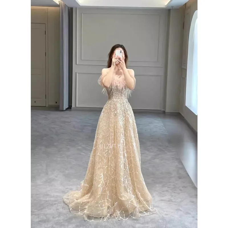 

French One-shoulder Evening Women Ceremony Prom Dresses Customized 2025 New Bride Wedding Party DressVestidos Graduation Robe