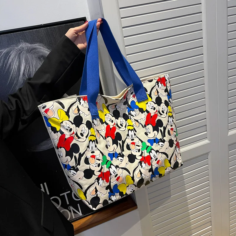 Cartoon Mickey And Minnie Printing Canvas Handbags New High Capacity One Shoulder Shopping Bags Women Cute Simple Casual Totes