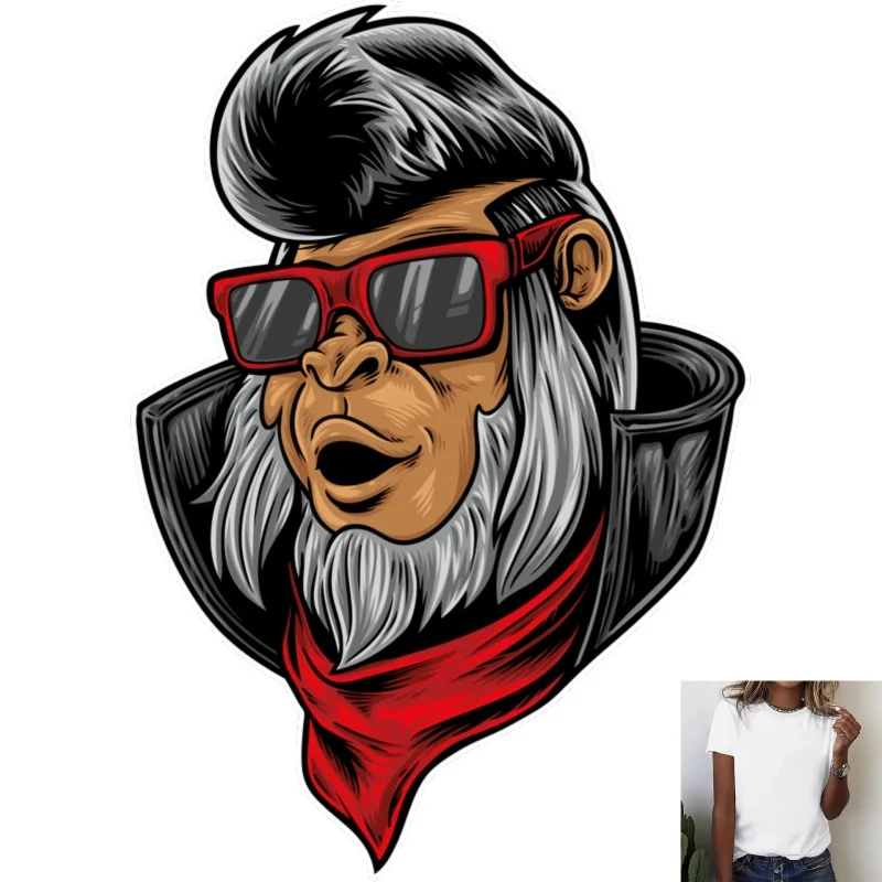 Trendy Cool Gorilla Heat Transfer White Ink Iron - on Patch, Stylish Sunglasses & Leather Jacket Design, Suitable for T -