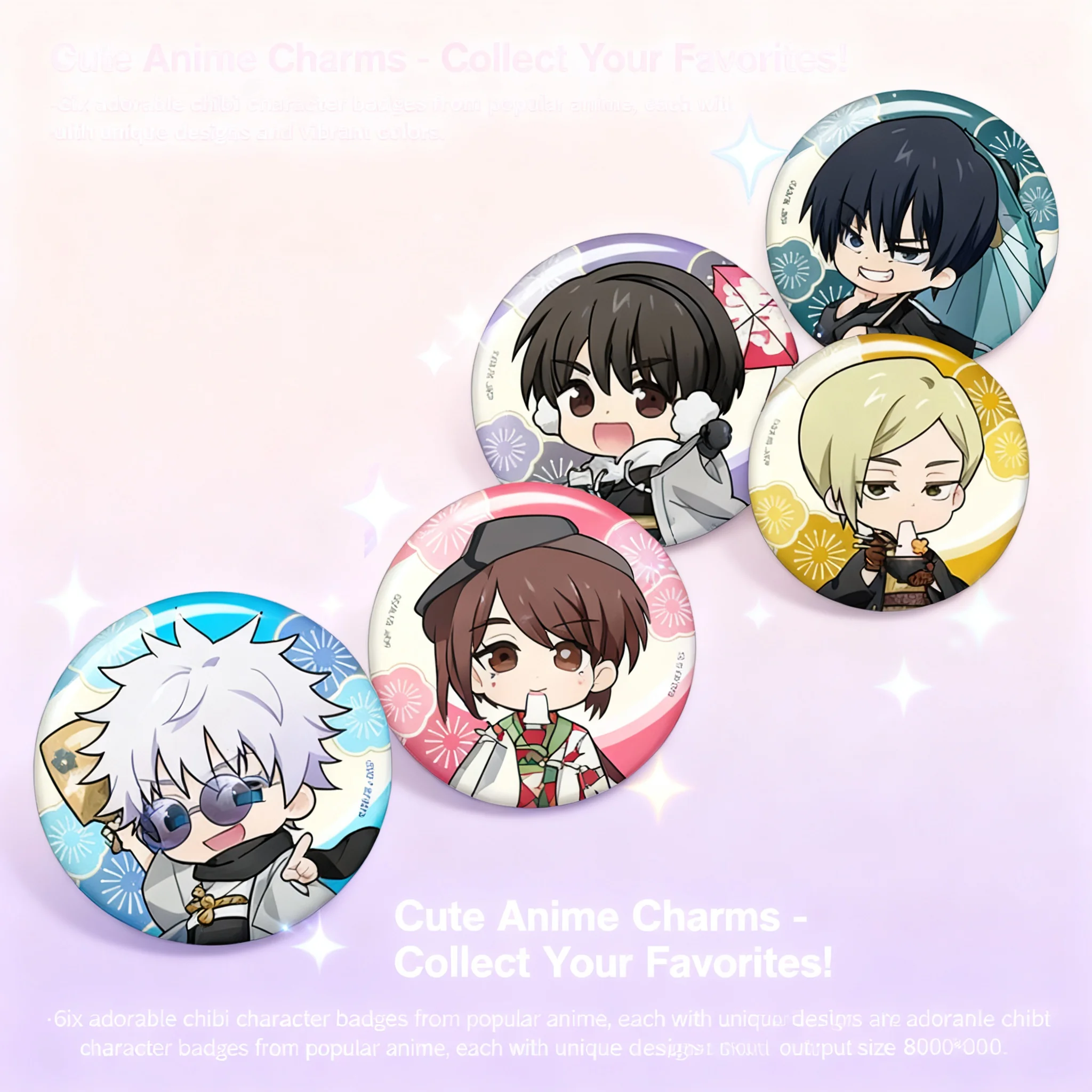 Colección de insignias oficiales del anime Jujutsu Kaisen: Gojo Satoru, Geto Suguru, Fushiguro Megumi, Nanami Kento, Ieiri Shoko