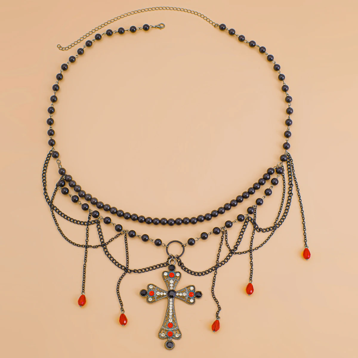 IngeSight.Z Elegant Temperament Black Crystal Cross Pendant Waist Belly Chain for Women Gothic Halloween Body Chain Jewelry Gift