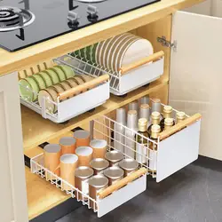 Bowl Dish Storage Rack with Adhesive Rail Pull Out Sliding Drawer Cabinet Organizer Detachable Drainage Slide Out Pantry Shelves