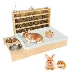 Bunny Hay Manger Food Dispenser Wooden Rabbit Hay Feeder with Litter Box Bowls Water Feeder for Bunnies Hamster Small Animals