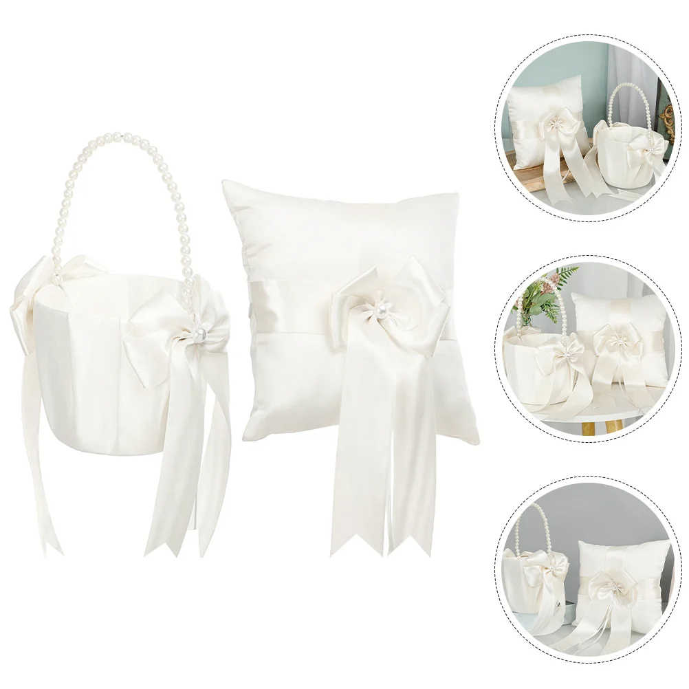 

1Set Wedding Ring Pillow Pearl Inlaid Lace Cloth Romantic Flower Girl Basket Petal Scattering Wedding Supplies
