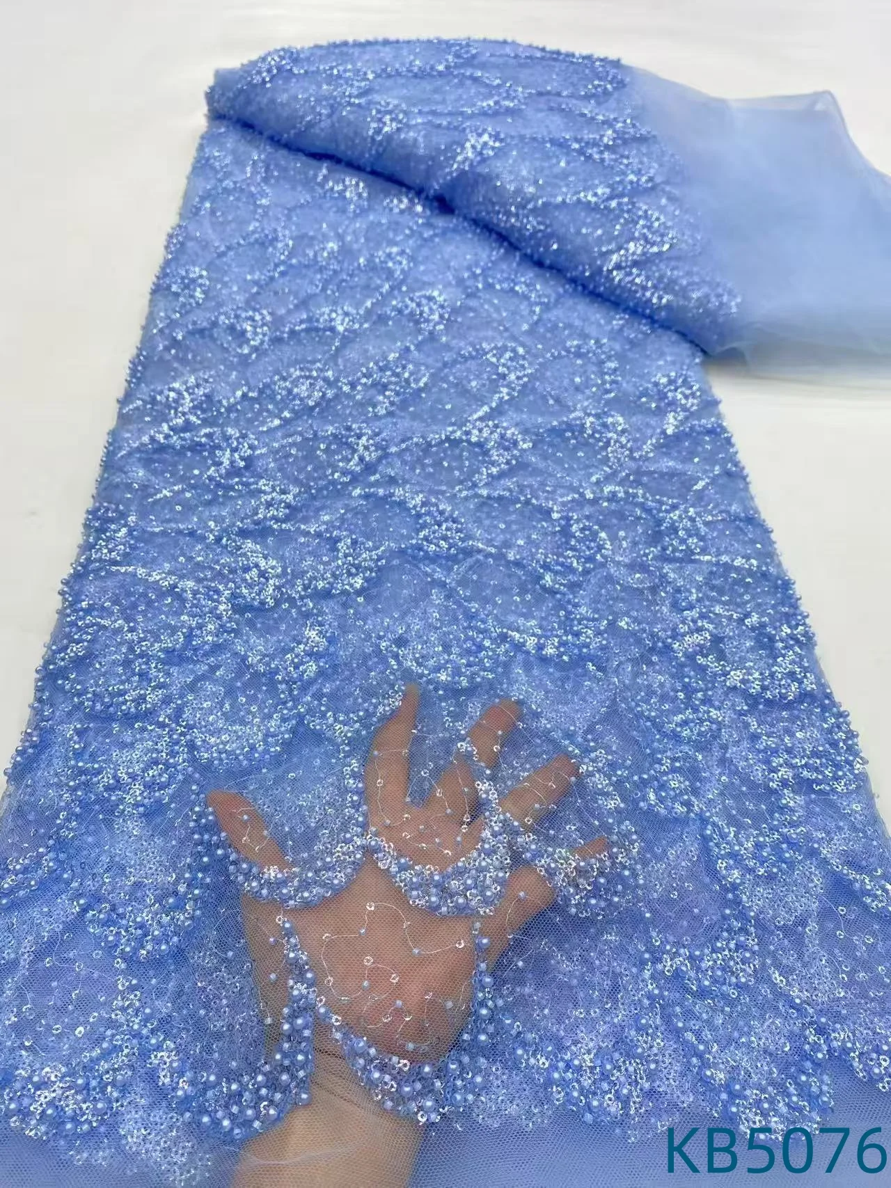 

Latest African Sequins Lace Fabric 2025 High Quality Beaded Embroidery French Mesh Fabric 5 Yards For Women Wedding Dress KB5073