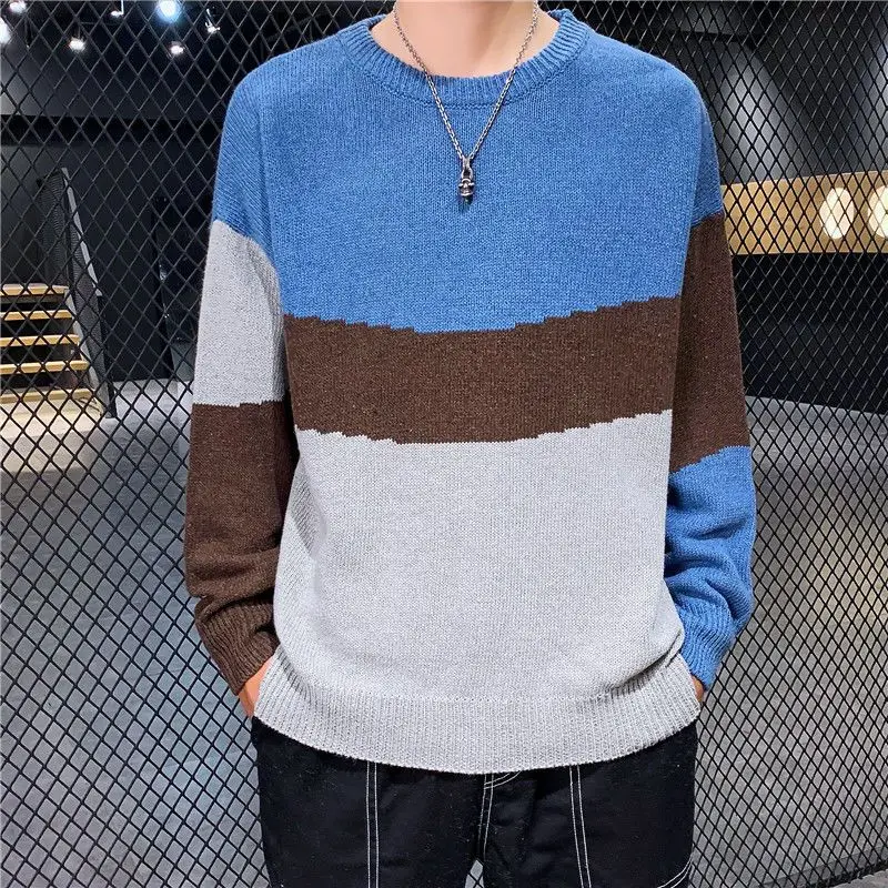 Fashion O-Neck Knitted Spliced Korean Color Sweater Men's Clothing 2024 Autumn New Casual Pullovers All-match Warm Tops