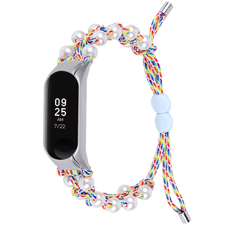 진주 장식 조절 가능한 땋은 로프 교체 시계 밴드 Xiaomi Mi Band 5/6 용 스마트 시계 손목 스트랩 - 다채로운