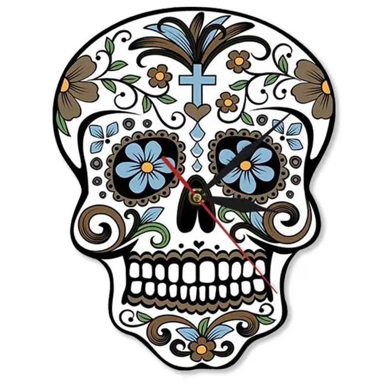 

Mexican Day of the Dead Floral Sugar Skull Dia de Los Muertos Pendulum Wall Clock Halloween Silent Quartz Clock Home Decoration