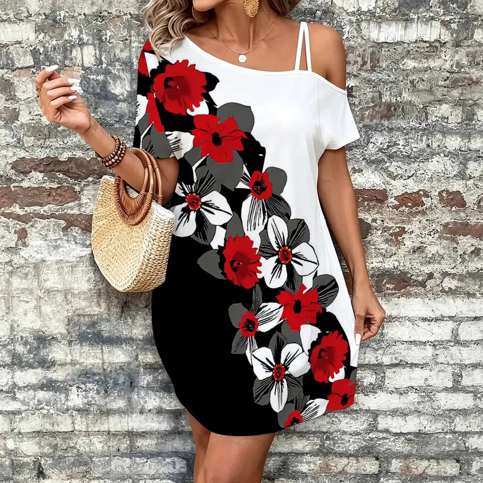 Women Print Cold Shoulder Short Sleeve Mini Dress Irregular Off Shoulder Casual Loose Tunic Dress
