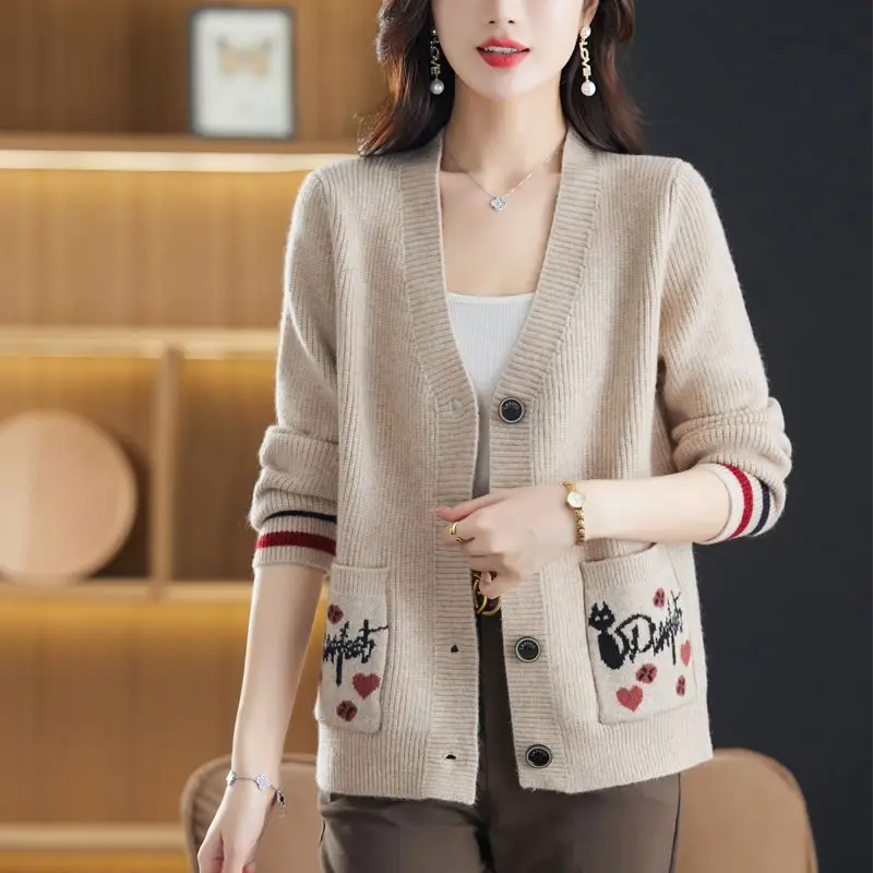 V-neck Pocket Knitting Cardigan Coat Women Autumn Winter Fashion Loose Solid Color Sweater Elegant All-match Trend Knitwear Tops