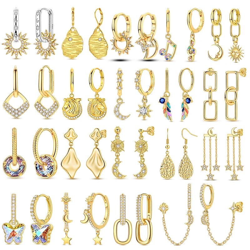 Goldene Ohrringe aus 925er Silber, funkelnde Sonnensterne, Pferd, Schmetterling, Creolen für Frauen und Mädchen, Jahrestag, Hochzeit, Schmuck, Geschenke