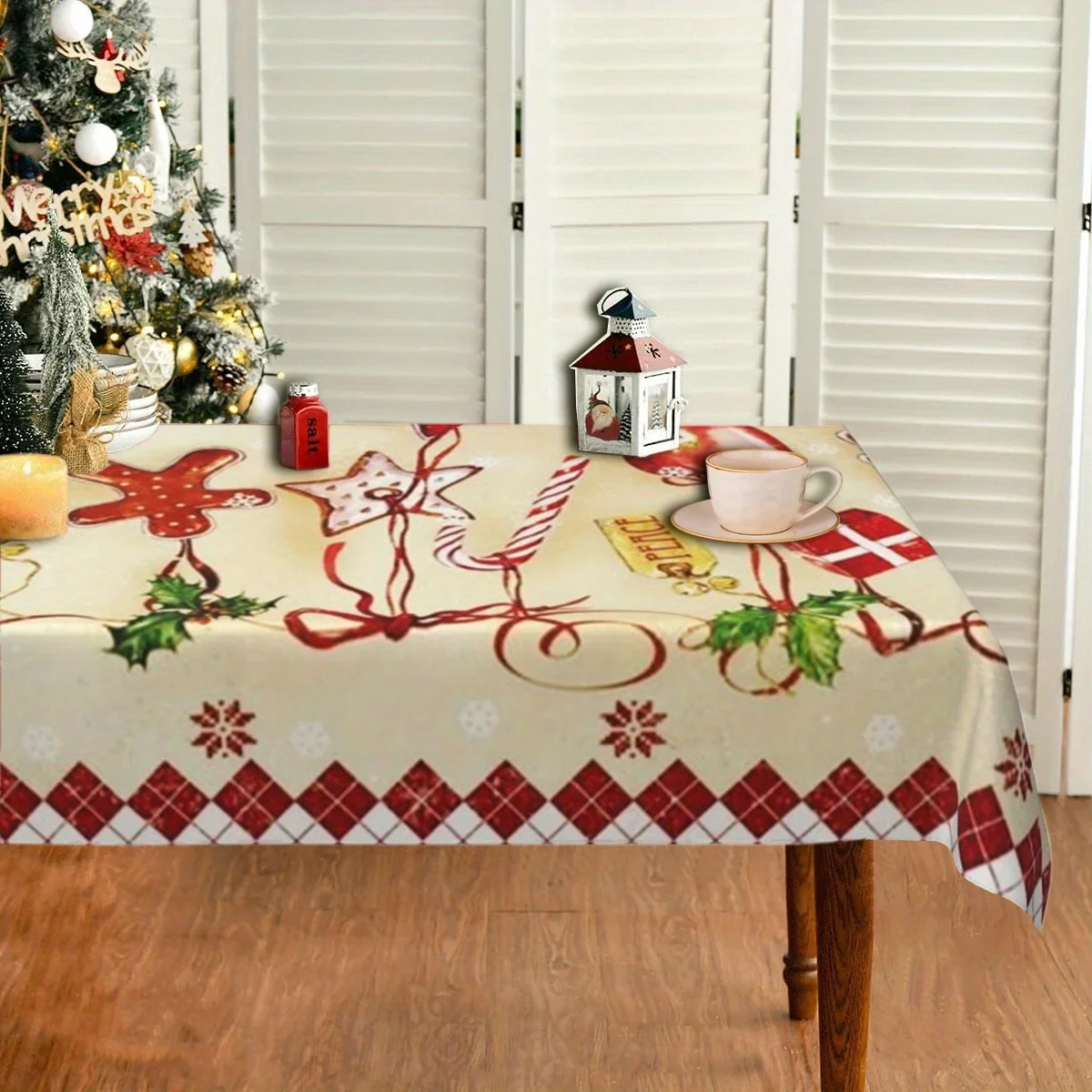 Christmas Gingerbread Bell Pattern Rectangle Tablecloth Dining Table Decor Washable Winter Xmas Tablecloth Christmas Decorations