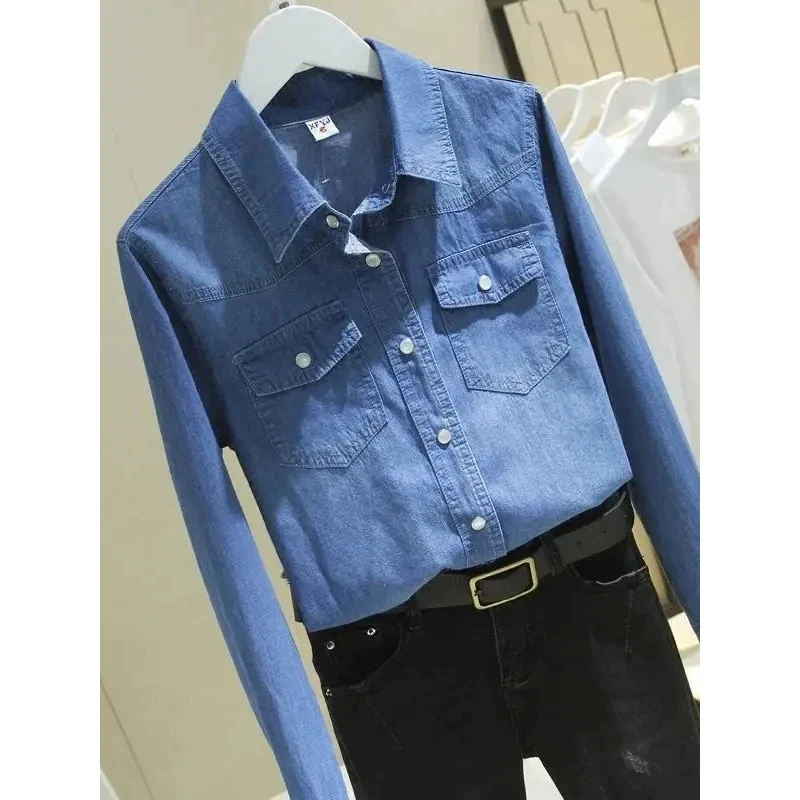 Women's Denim Shirt Long Sleeve Double Pocket Versatile Open Cardigan Cotton Blouse Commute Style Regular Fit Spring Collection