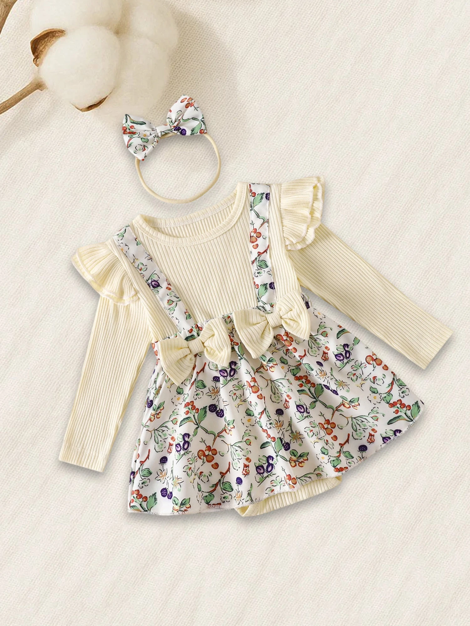 

Toddler Girl Winter Sweater Dress Knit Long Sleeve Crew Neck Floral Print Jumpsuit with Bow Detail