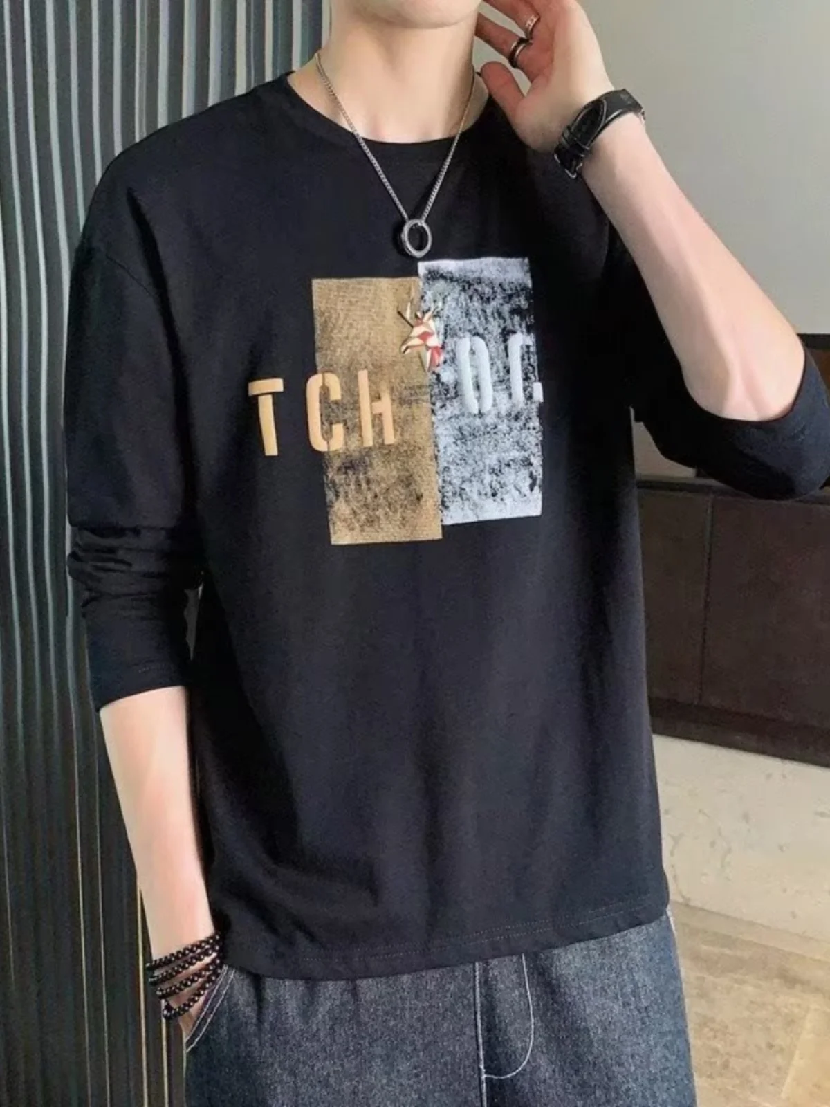 

Youth Long Sve Cotton T-irt Dirt Resistant Thin Sle for Construction Work Spring Autumn Faionable Men's round Ne Tee