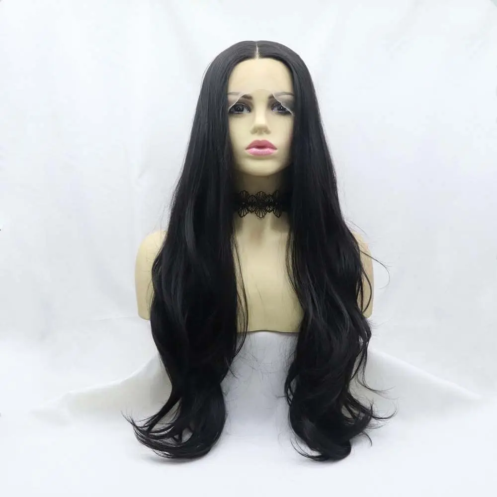 Sylvia Natural Black Wig 1b#Black Natural Wavy Synthetic 1 * 12 Lace Front Wig Heat Resistant Fiber Hair Glueless Soft Wig