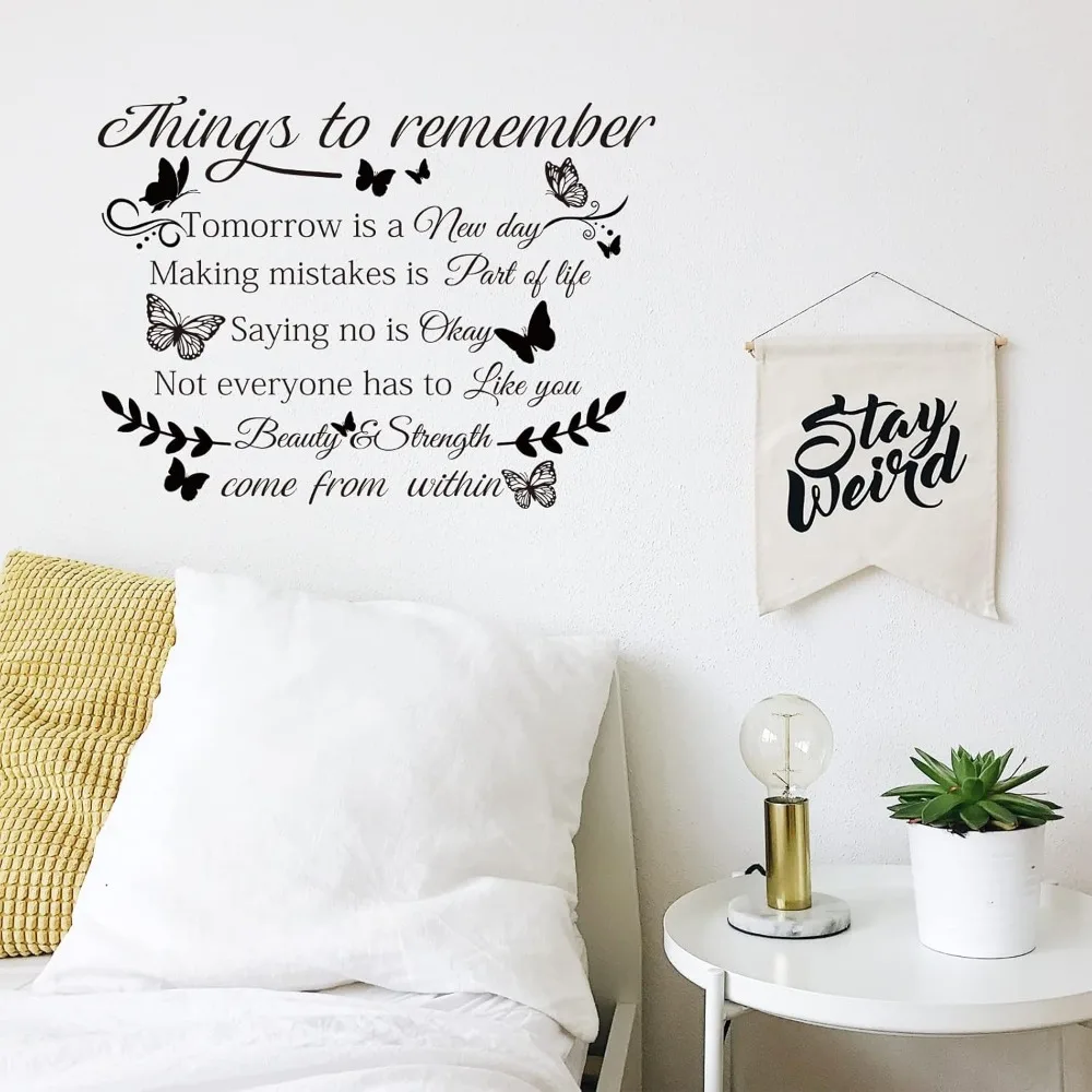 Things to Remember Wall Decal Butterfly with Text Inspirational Wall Art Removable PVC Wall Sticker for Bedroom Living Room