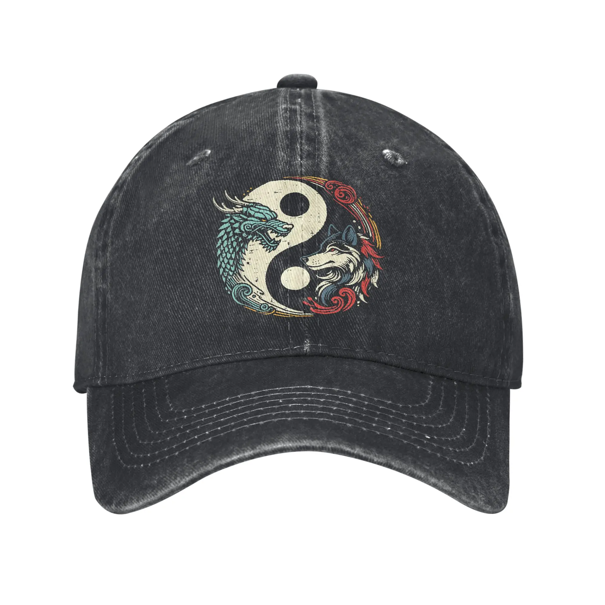 Summer Dragon Wolf Yin Yang Chinese Mythical Zen Baseball Cap Sun High Quality Print Washed Trucker Hat Men Outdoor Snapback Cap