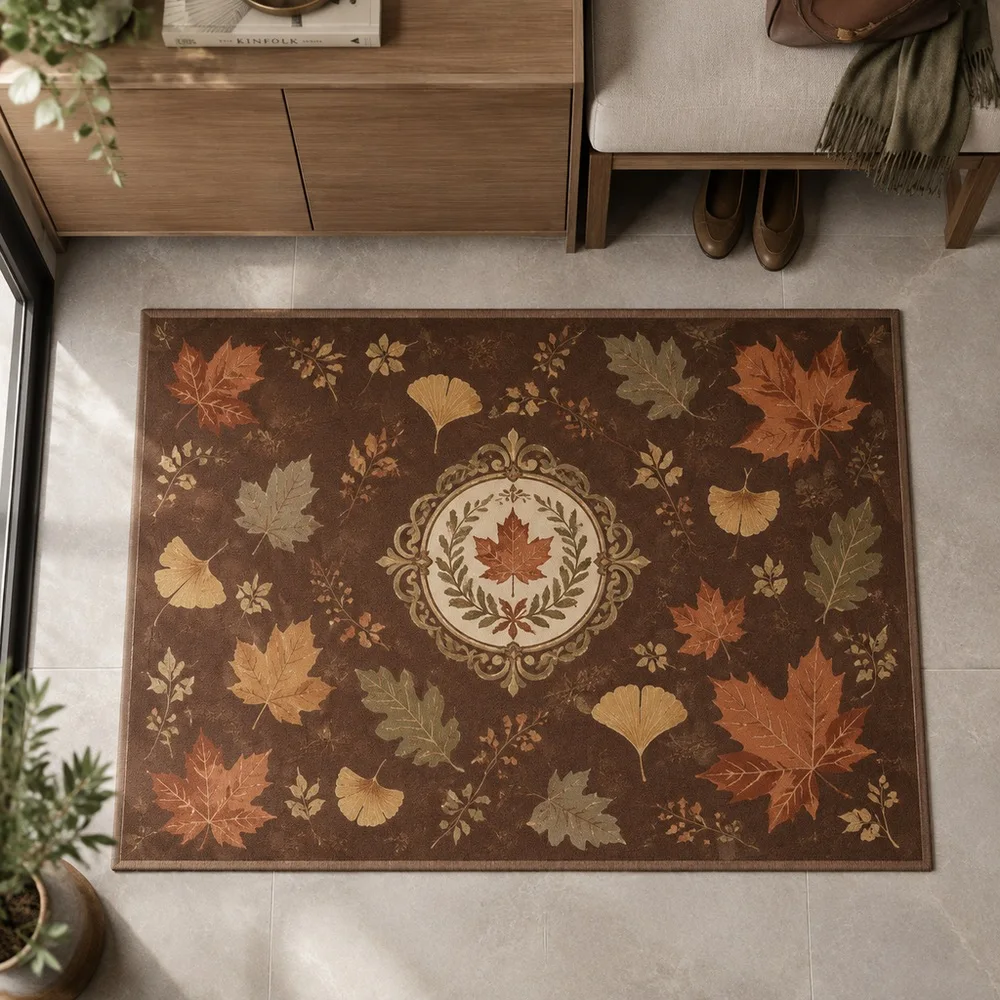 VIKAMA Door Mat Copper Brown Maple Ginkgo Oak Leaf Scatter Non Slip Study Sitting Room Fireplace Side Table Room Decor