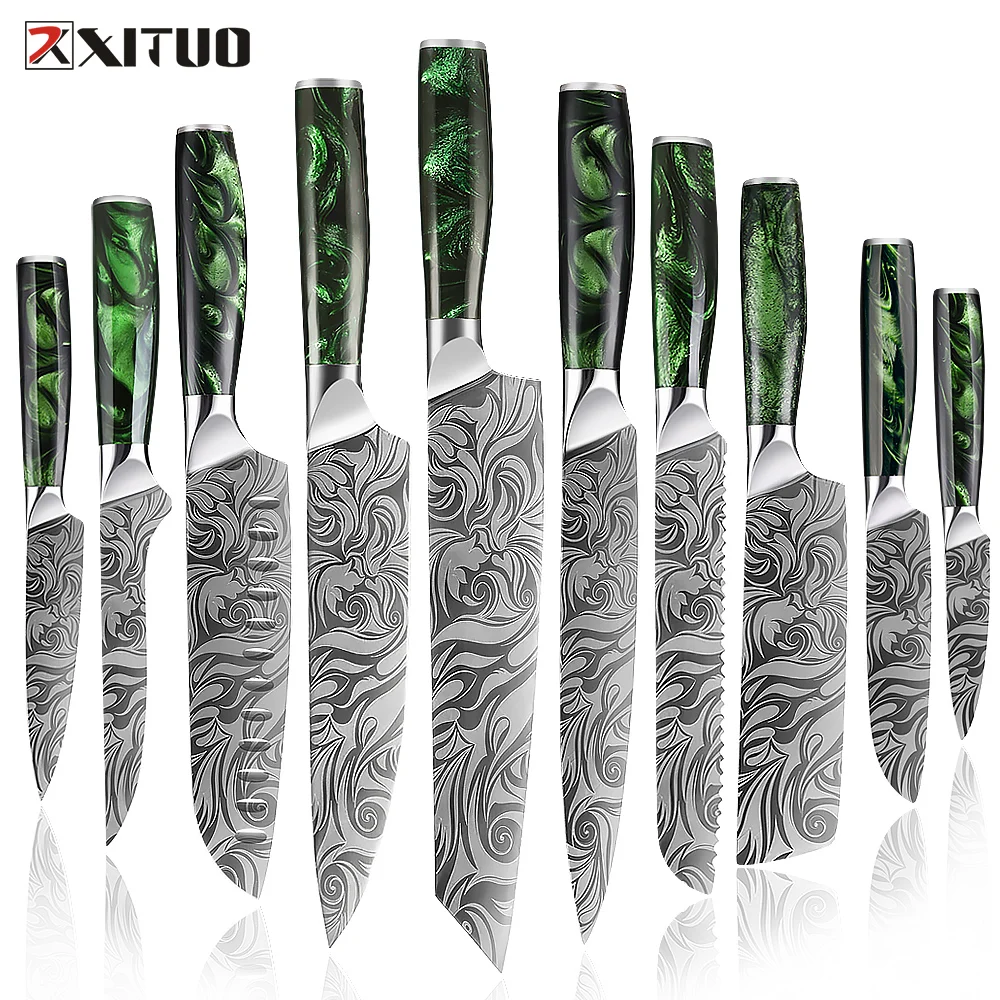 XITUO 1-10Pcs Luxury Chef Knife Set Ultra Sharp Kitchen Santoku Boning Knives Series Damascus Pattern Knife Green Resin Handle