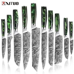 XITUO 1-10Pcs Luxury Chef Knife Set Ultra Sharp Kitchen Santoku Boning Knives Series Damascus Pattern Knife Green Resin Handle