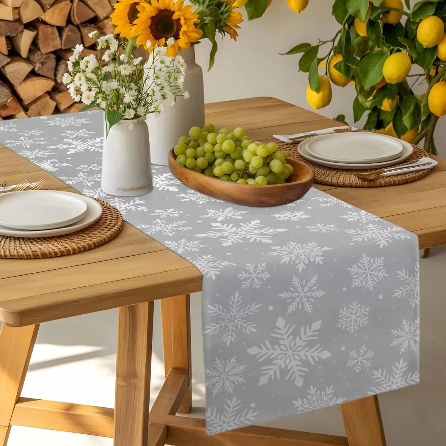 Christmas Gray Snowflakes Linen Table Runner Party Decor Winter Xmas Holiday Kitchen Dining Table Runner Christmas Decorations