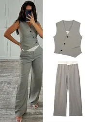 HH Spring Women Solid Pants Suit Asymmetric Sleeveless Single Breasted Vest Tops+Casual High Waist Loose Tousers 2 Piece Set
