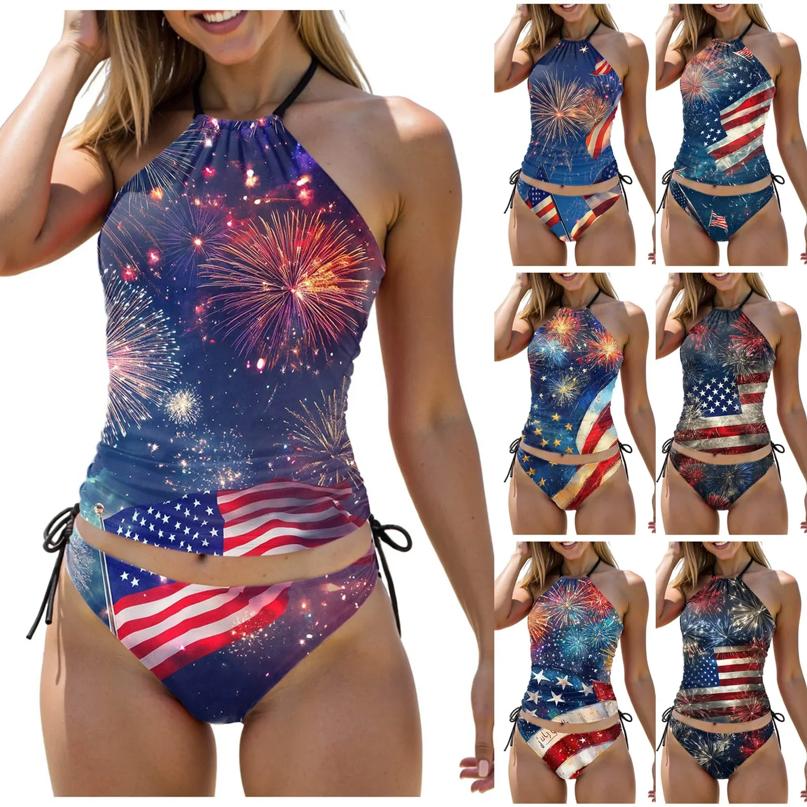 بدلة سباحة نسائية بحمالات برقبة معلقة مكونة من قطعتين لليوم الاستقلال الرابع من يوليو بعلم تانكيني ملابس سباحة تانك القمم شورت