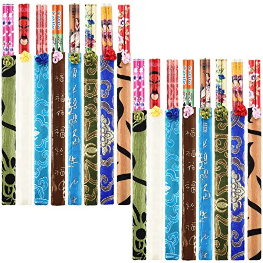 

20 Pairs Chinese Bamboo Chopsticks Reusable with Elegant Silk Brocade Pouch Multicolored Nonslip Chopstick Gift Set for Asian D