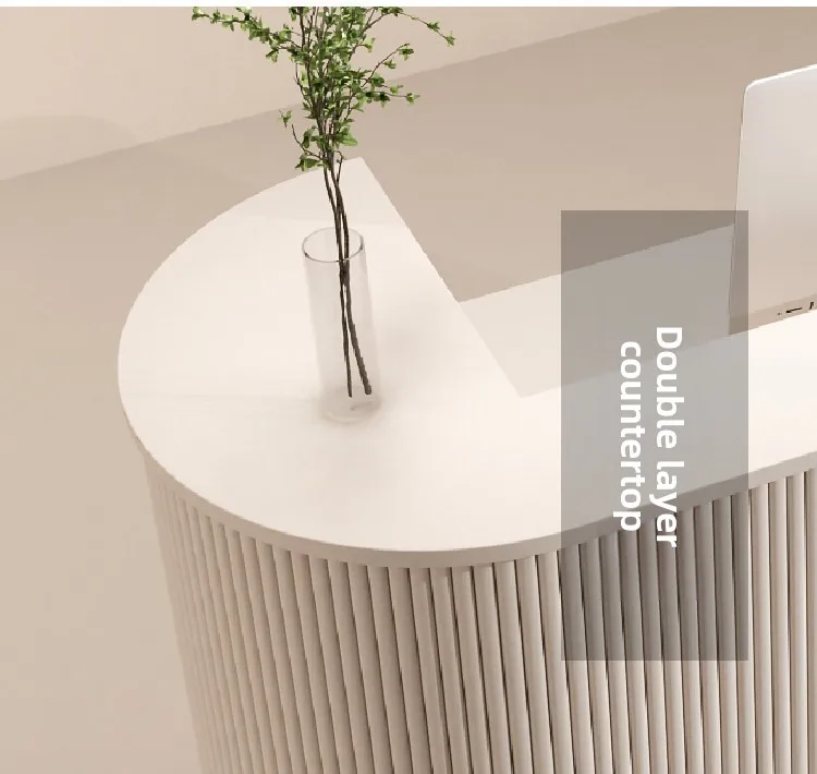 Modern Curved Reception Desk with LED Light Beige Wave Front Desk for Beauty Salon Nail Shop Spa Commercial Furniture