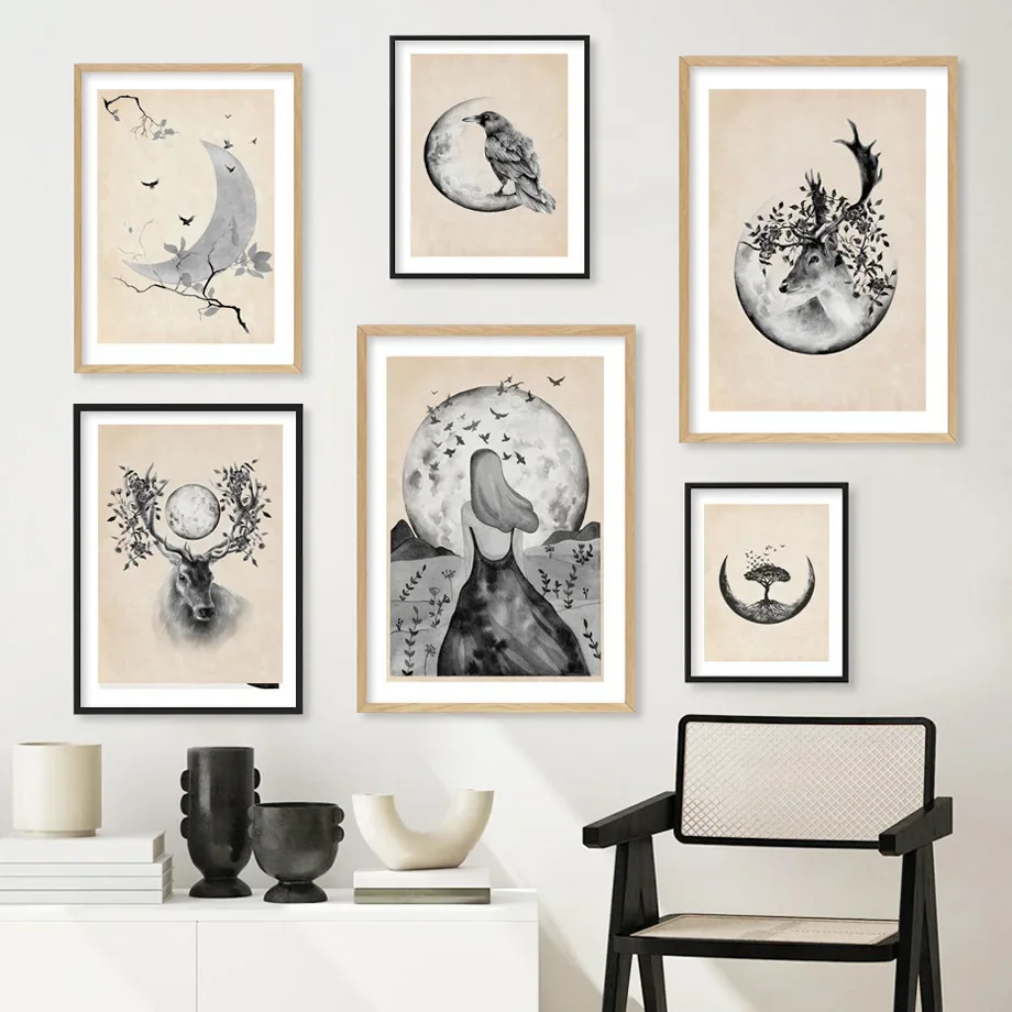 

Retro Heart Skull Organ Girl Deer Moon Abstract Art Canvas Painting Wall Print Picture Bedroom Living Room Interior Home Decor