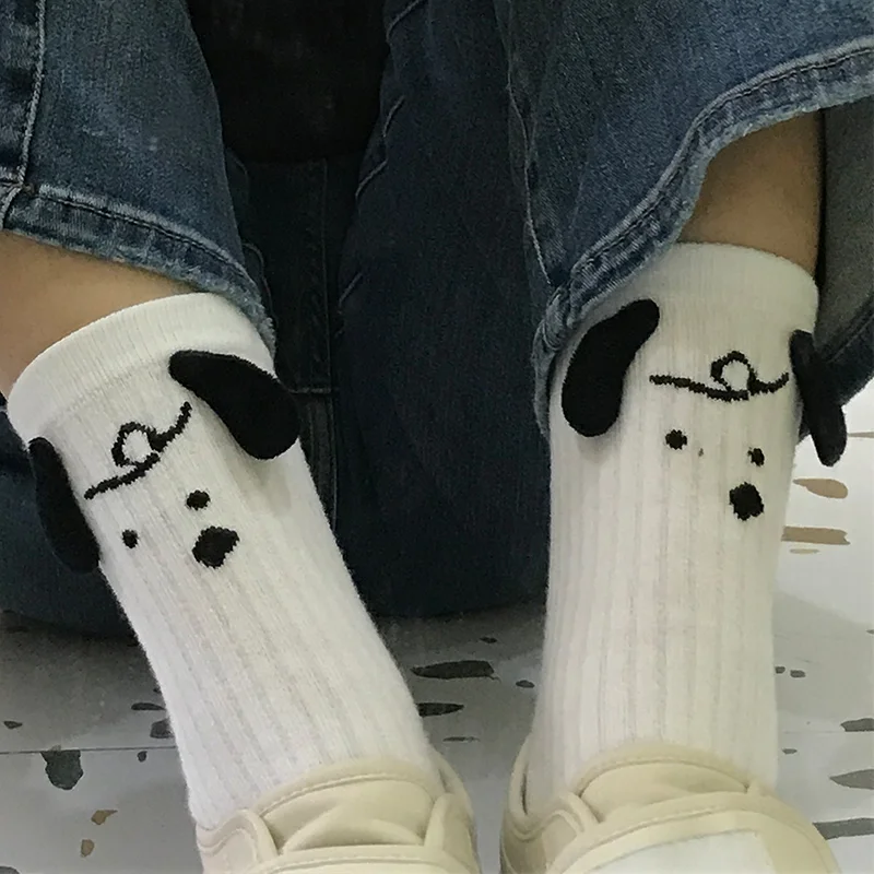 Happy Funny 3d Doll Eared Knitted Puppy Dog White Socks Women Cute Streetwear Novelty Gift White Cartoon Eyes Couples Sox Socks