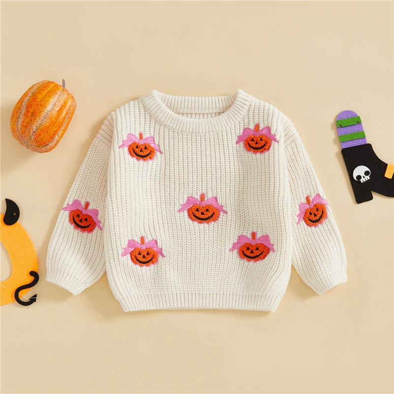 Suéter de Halloween para niño y niña, jersey de punto con bordado de calabaza y lazo de manga larga con cuello redondo, Tops de invierno