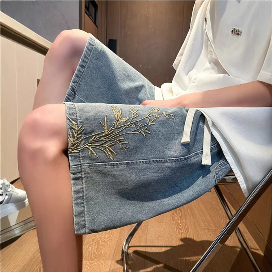 新しい中国風の刺繍デニムショートパンツメンズ夏薄いトレンディなブランド国民風ストレート5点パンツ