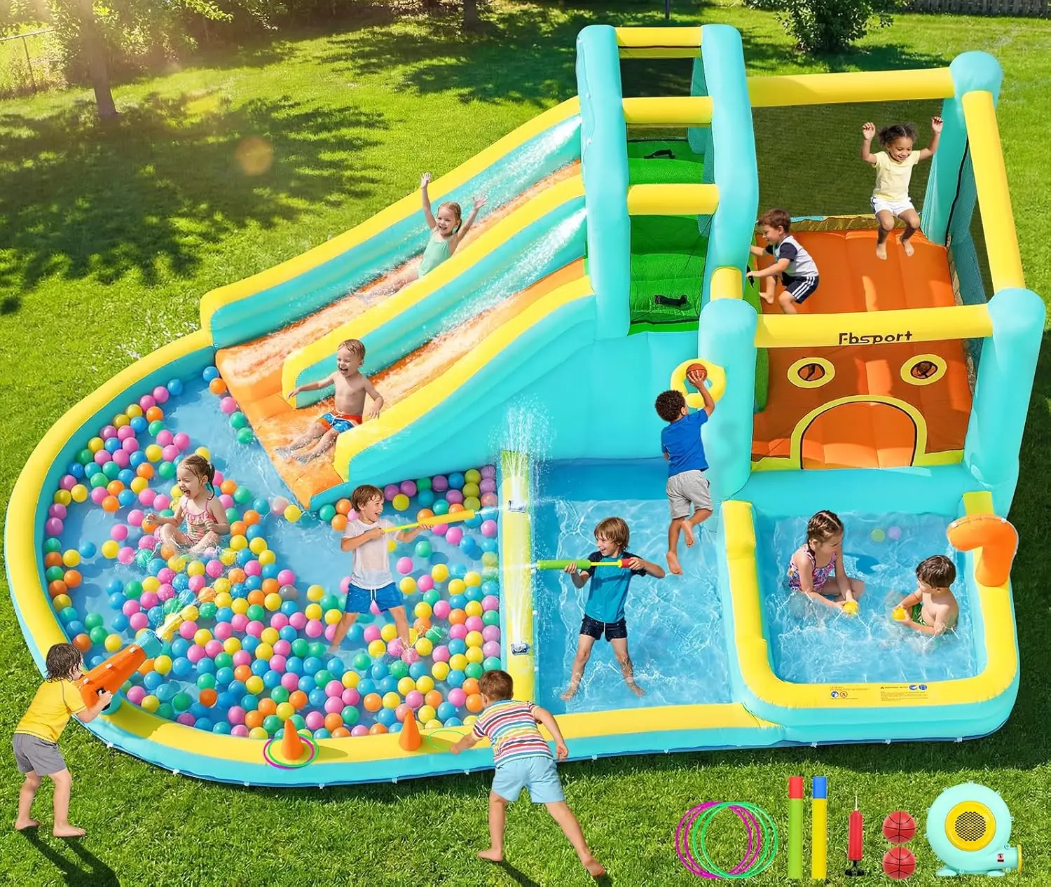 Double Slide Inflatable Water Park Bouncy Castle with Splash Pool, Water Guns, and Blower for Kids - Indoor & Outdoor Backyard Fun