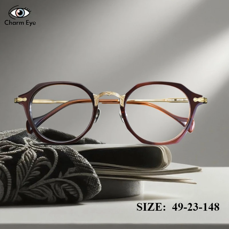 新しい女性近視メガネ高品質アセテート多角形純チタン眼鏡フレームファッション男性抗青色光光学眼鏡