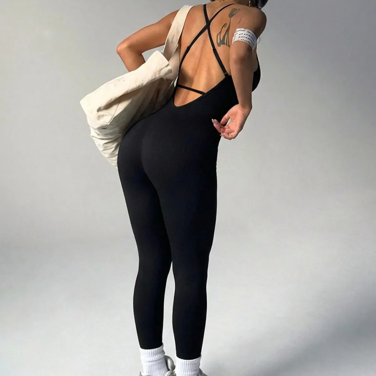 Women Bodysuit for Workout Sports Jumpsuit Chest Pad One-piece Yoga Suit Cross Back Seamless Fitness Gym Tights Activewear
