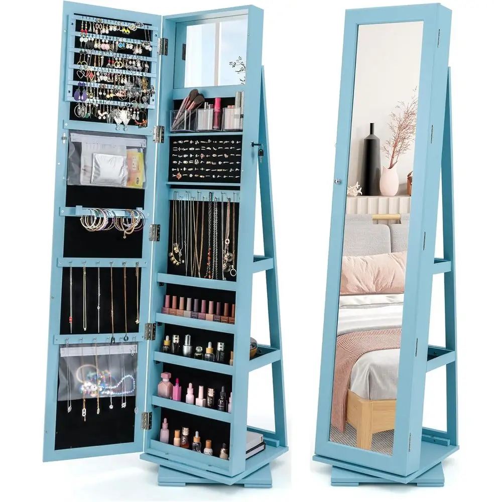 

Light Blue Lockable Rotating Mirrored Armoire with Large Storage for Women's Clothing