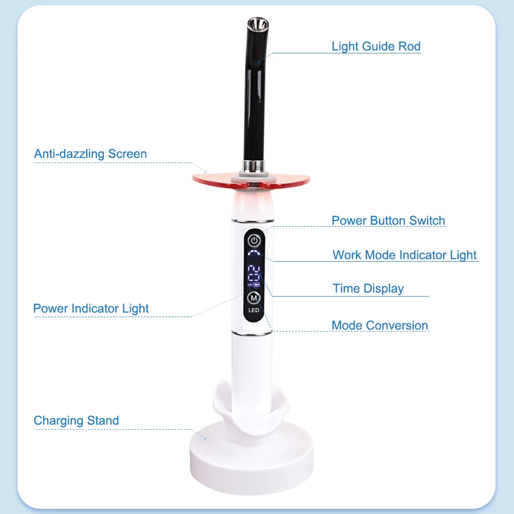 1 Juego de lámpara de luz LED de curado, equipo Dental de curado de resina de 2000MW, 5s/3mm, batería de 2200mAh, 10W inalámbrico