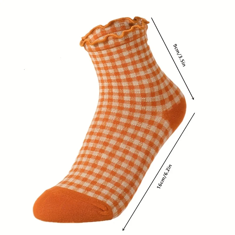 6 Paar Vintage Karierte Spitzen-Mid-Tube-Socken für Mädchen mit Bogenrand, Bunte Niedliche Kurzsocken – Detail 3